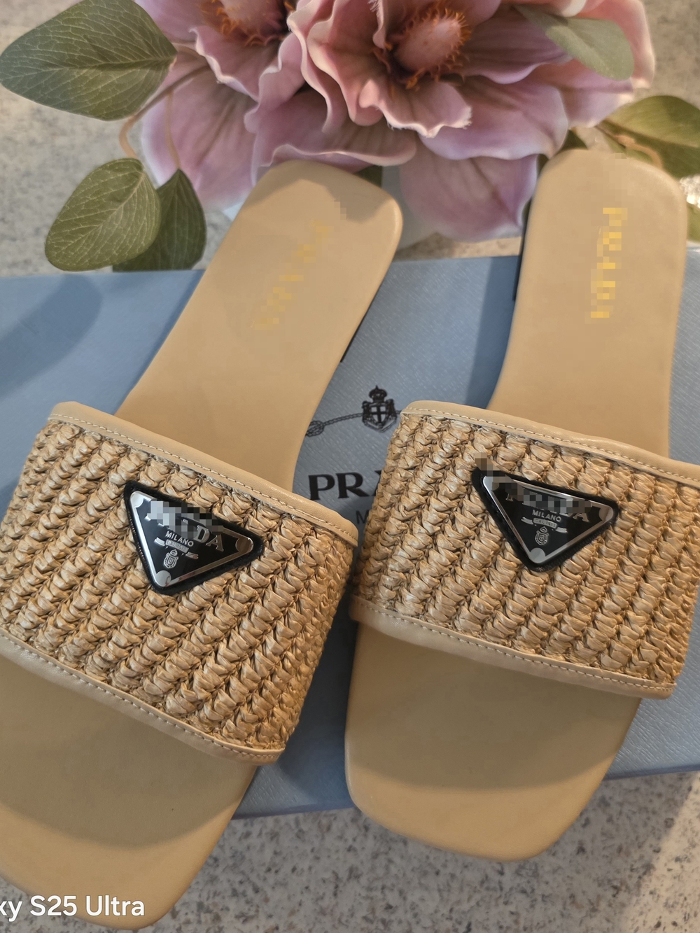 Prada Beige Woven Raffia Slide Sandals with Logo Plaque